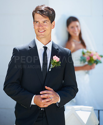 Buy stock photo Man, groom and smile for fashion, wedding and commitment for marriage, positive and elegant. Male person, face and outside couple, love and romance for relationship, husband and ring for event