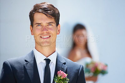 Buy stock photo Man, groom and smile in portrait, happy and commitment for marriage, positive and elegant. Male person, face and outside wedding, love and romance for relationship, husband and joy for outdoor event