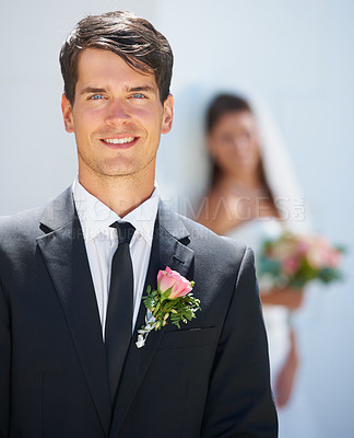 Buy stock photo Man, groom and smile in portrait, outdoors and commitment for marriage, positive and elegant. Male person, face and outside wedding, love and romance for relationship, husband and joy for event