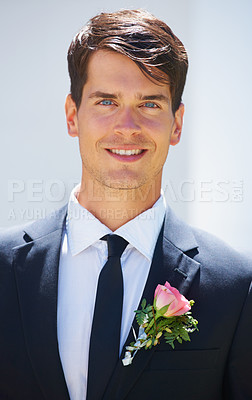 Buy stock photo Groom man, portrait and outdoor at wedding in suit, rose and happy for celebration, event or party. Person, smile and tuxedo for choice, marriage and commitment to relationship with floral decoration