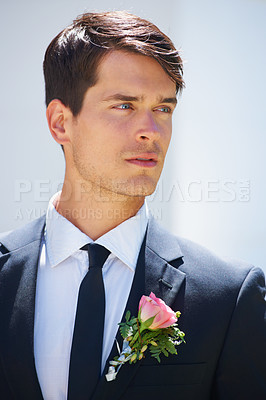 Buy stock photo Groom man, thinking and outdoor at wedding in suit, rose or flower for celebration, event or party. Person, vision and ideas for choice, marriage or commitment to relationship with floral decoration