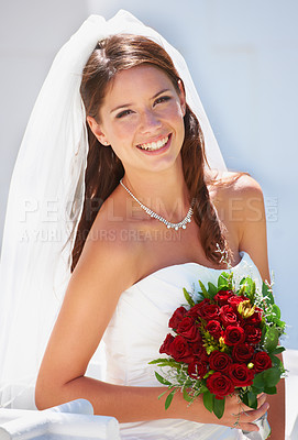 Buy stock photo Portrait, bride and woman with flower bouquet, smile and wedding day with event, excited and dress. Face, person and girl with happiness, floral bunch and jewellery with ceremony, marriage and makeup