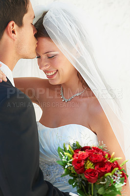 Buy stock photo Wedding, couple and hug with love, woman smile and happy from celebration of bride and groom. Outdoor, commitment and trust ceremony with care and suit for marriage event with support and romance