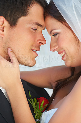 Buy stock photo Embrace, happy bride and groom at wedding with smile, love and commitment for young couple at reception. Hug, face of woman and man at marriage celebration with romance, loyalty and future together.