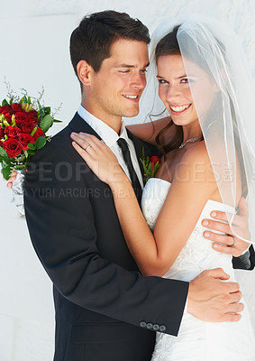 Buy stock photo Wedding, couple and hug portrait with love, smile and happy from celebration of bride and groom. Outdoor, commitment and trust ceremony with care and suit for marriage event with support and romance