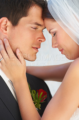 Buy stock photo Face, bride and groom embrace at wedding with smile, love and commitment for couple at reception. Romance, woman and man hugging at marriage celebration with happiness, loyalty and future together.