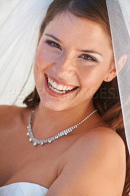 Buy stock photo Portrait, bride and woman with a smile, beauty and wedding day with event, excited and dress. Face, person and girl with happiness, cheerful and jewellery with ceremony, marriage and joy with makeup