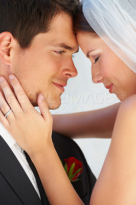 Buy stock photo Face, woman and man embrace at wedding with smile, love and commitment for couple at reception. Romance, bride and groom hugging at marriage celebration with happiness, loyalty and future together.