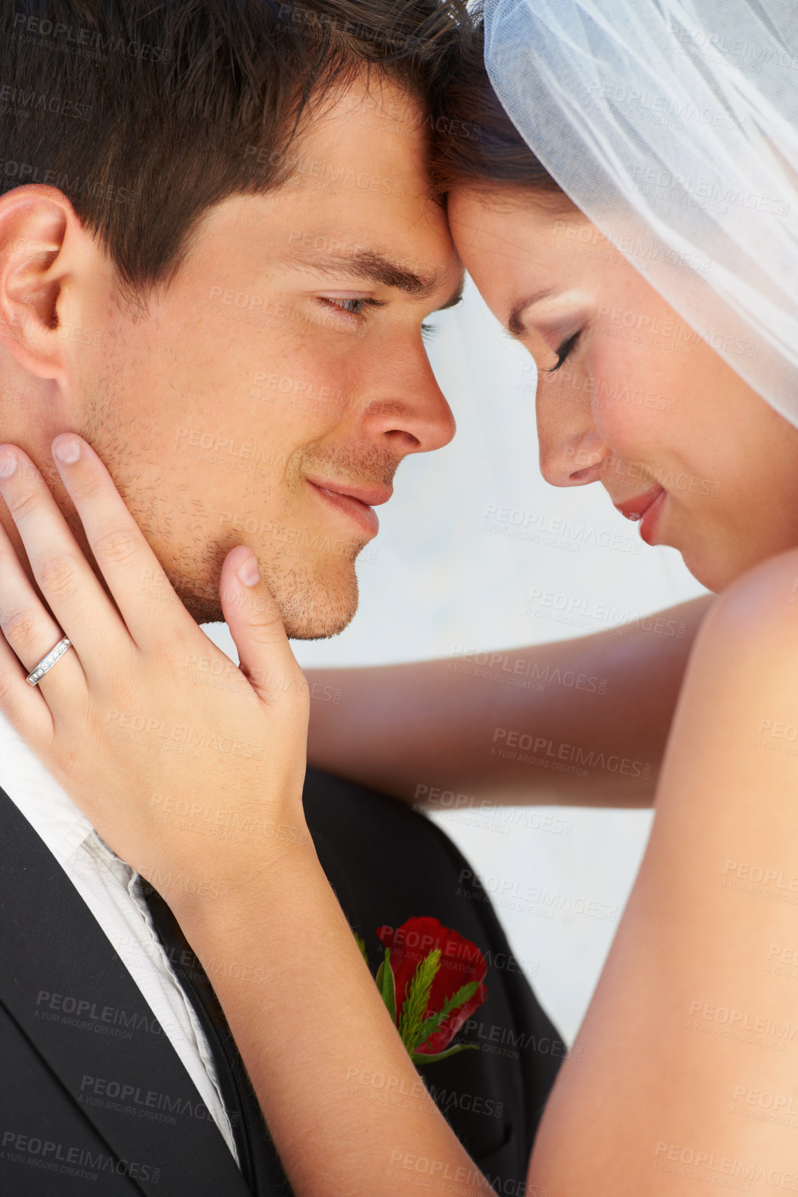 Buy stock photo Face, woman and man embrace at wedding with smile, love and commitment for couple at reception. Romance, bride and groom hugging at marriage celebration with happiness, loyalty and future together.