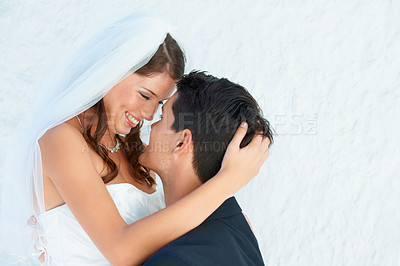 Buy stock photo Love, woman and man embrace at wedding with smile, touch and commitment for couple at reception. Romance, bride and groom hugging at marriage celebration with happiness, loyalty and future together.
