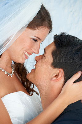 Buy stock photo Face, bride and groom embrace at wedding with smile, love and commitment for couple at reception. Romance, man and woman hugging at marriage celebration with happiness, loyalty and future together.