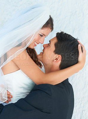Buy stock photo Face, woman and man hug at wedding with smile, love and commitment at luxury reception event. Romance, bride and groom embrace at marriage celebration with happy couple, loyalty and future together.
