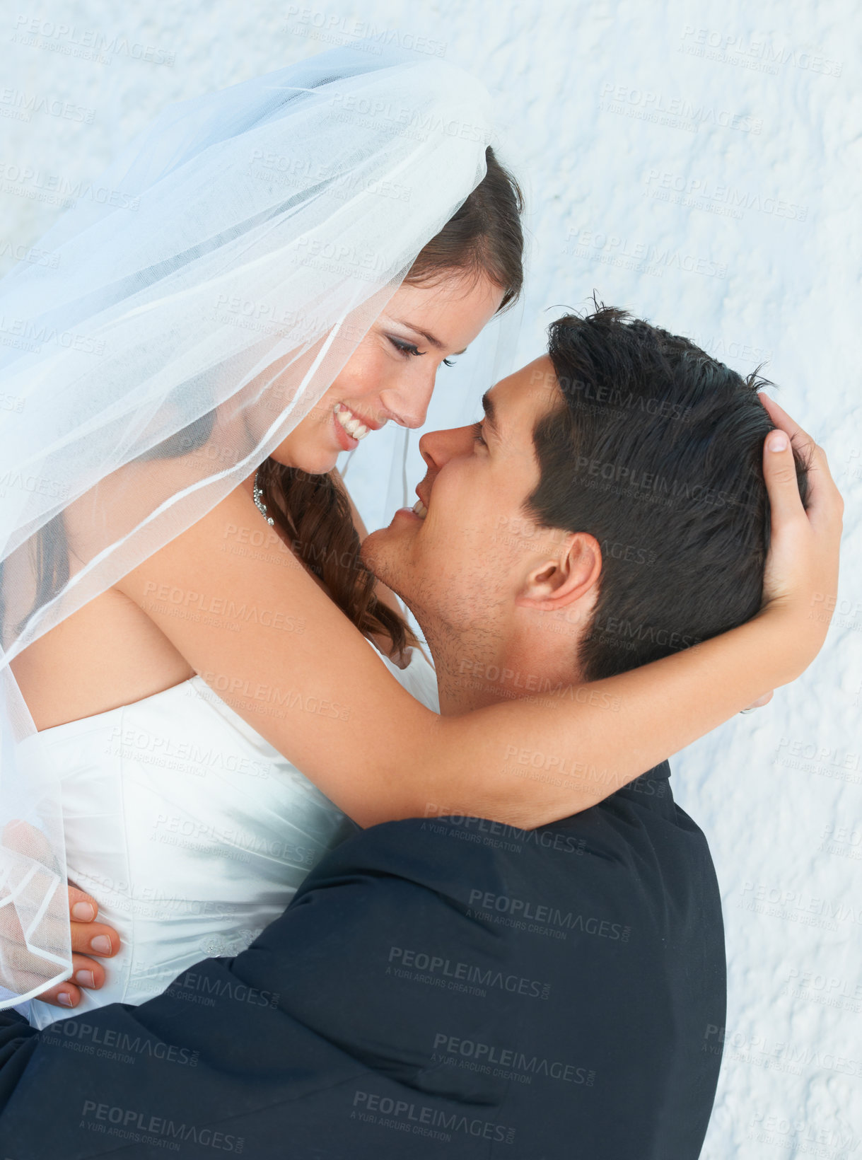 Buy stock photo Face, woman and man hug at wedding with smile, love and commitment at luxury reception event. Romance, bride and groom embrace at marriage celebration with happy couple, loyalty and future together.