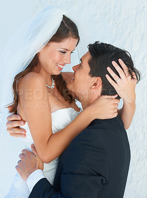 Buy stock photo Love, happy woman and man embrace at wedding with commitment, celebration and smile for couple at reception. Romance, bride and groom hugging at marriage event with hope, loyalty and future together.