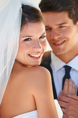 Buy stock photo Portrait, happy woman and man embrace at wedding with smile, love and commitment at reception. Romance, face of bride and groom hugging at marriage celebration with hope, loyalty and future together.