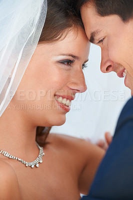 Buy stock photo Love, happy couple embrace and wedding with love, care and commitment at reception. Smile, face of woman and man hugging at marriage celebration with romance, loyalty and hope for future together.