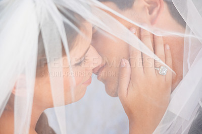 Buy stock photo Intimate picture of a newlywed couple kissing behind a veil