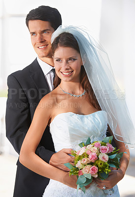 Buy stock photo Wedding, couple and rose bouquet with love, smile and happy from celebration of bride and groom. Outdoor, commitment and trust ceremony with care and suit for marriage event with support and romance
