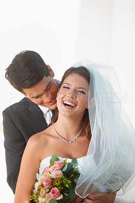 Buy stock photo Wedding, couple and laughing with love, smile and happy from celebration of bride and groom. Outdoor, commitment and trust ceremony with care and suit for marriage event with support and romance