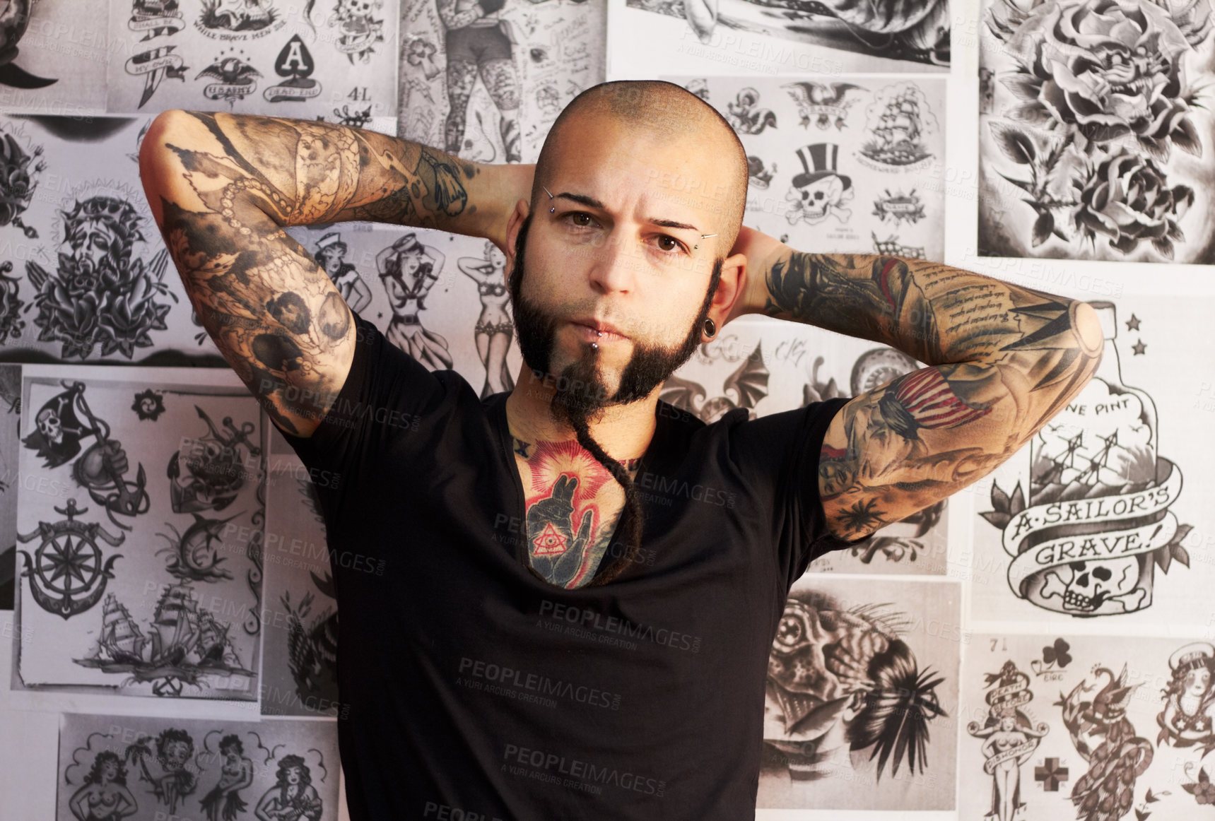 Buy stock photo Portrait, tattoo and man with creativity, artist and business with skills, wallpaper and design. Face, male person and guy with creative, ink and career with body art, trendy and edgy with culture