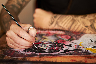 Buy stock photo Art, paint and creative with a woman tattoo artist closeup in a studio to design a piece of artwork. Hand, canvas and a female painter using color ink while painting a picture closeup for expression