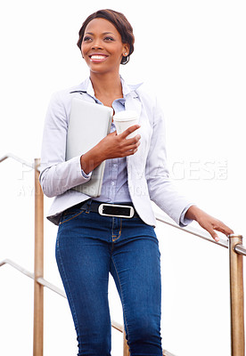 Buy stock photo Black business woman, coffee and laptop on stairs, walking and smile with thinking, vision or ideas for company. Entrepreneur, happy and outdoor with tea cup, computer and problem solving on steps