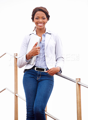 Buy stock photo Business  black woman, portrait and laptop on stairs, walking or smile with fashion, confidence or company workplace. Entrepreneur, happy or outdoor for pride, computer or project management on steps
