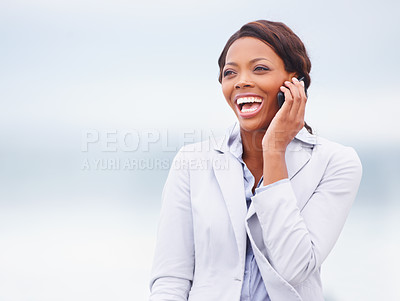 Buy stock photo Business woman, phone call and outdoor with talking, smile and contact for networking, negotiation and chat. African entrepreneur, smartphone and listening for deal, happy and thinking in Cape Town