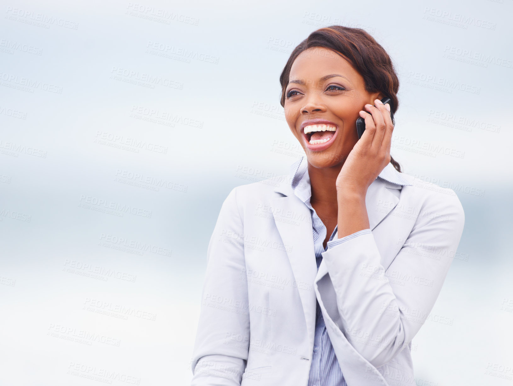 Buy stock photo Business woman, phone call and outdoor with talking, smile and contact for networking, negotiation and chat. African entrepreneur, smartphone and listening for deal, happy and thinking in Cape Town