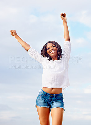 Buy stock photo Black woman, celebration and excited with travel, vacation of winner happy on holiday. Winning, African person and thinking with joy from blue sky, achievement and freedom outdoor with smile