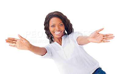 Buy stock photo Woman. portrait and celebrate for happy in studio for positive news, good mood as mockup space. Black person, model and face for relax carefree or funny confidence, victory win on white background