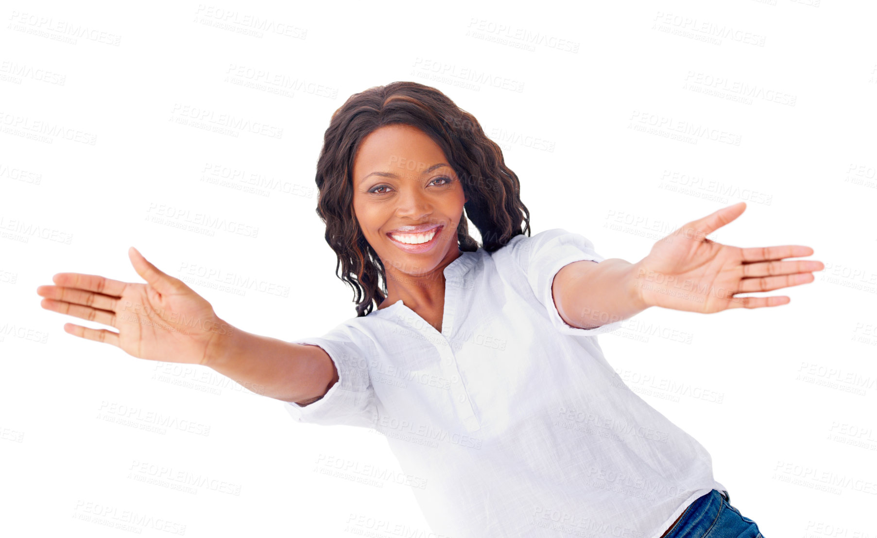 Buy stock photo Woman. portrait and celebrate for happy in studio for positive news, good mood as mockup space. Black person, model and face for relax carefree or funny confidence, victory win on white background