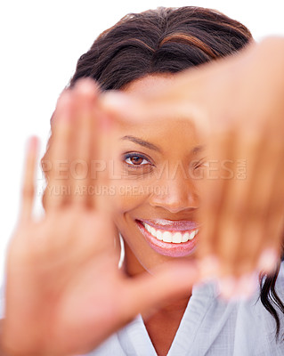 Buy stock photo African woman, hand and frame in studio portrait with smile, pride or beauty by white background. Girl, model and sign for photography, happy and perspective with icon, symbol or palm for creativity 