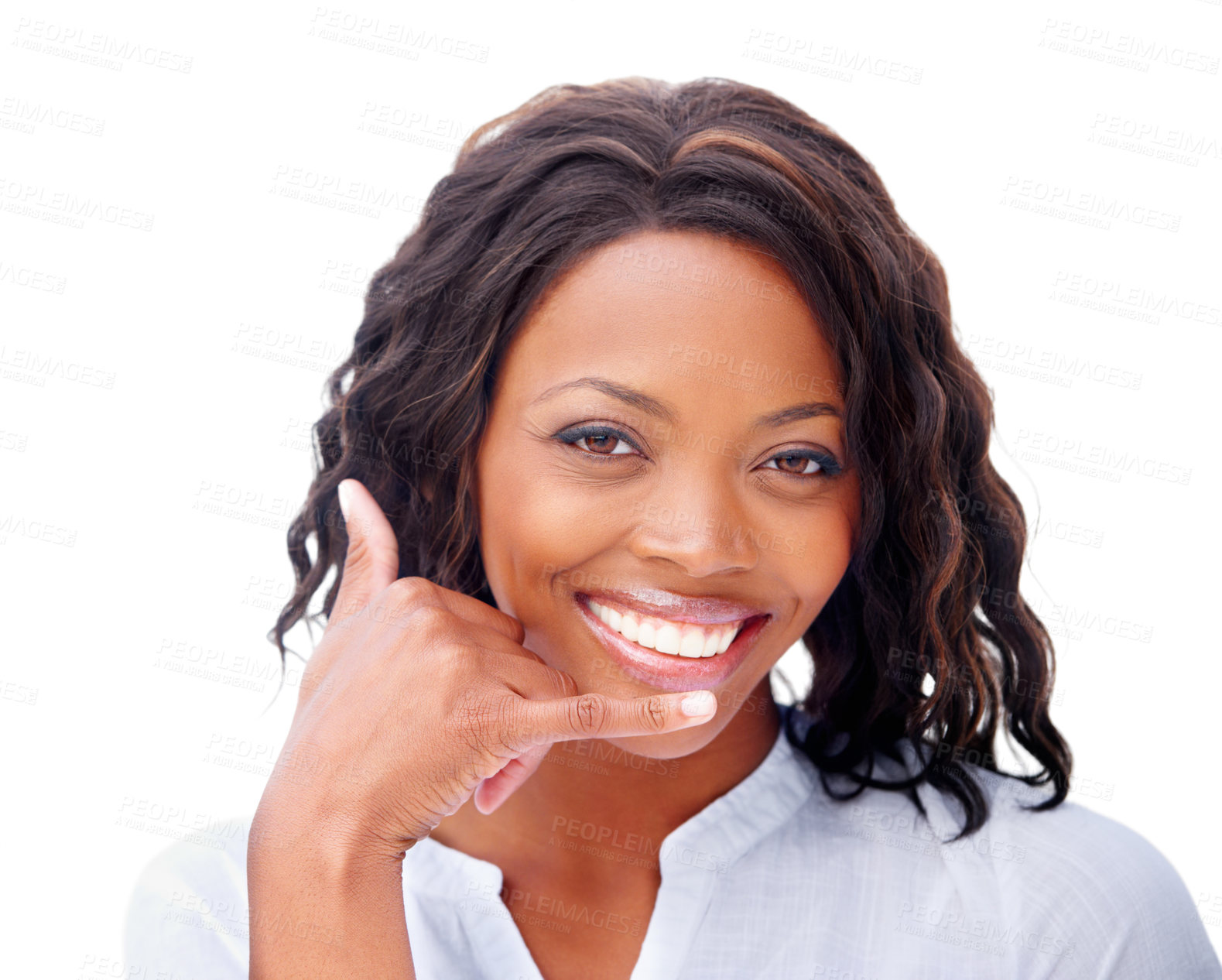 Buy stock photo African woman, call me sign and studio portrait with smile for contact, network or connection by white background. Girl, phone symbol or emoji for conversation, connection and happy with hand icon