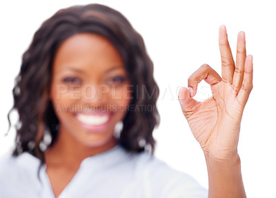 Buy stock photo Black woman, ok sign and smile in studio portrait for vote, decision or icon for review by white background. Girl, hand and emoji for yes, voice and feedback for opinion, happy or closeup for success