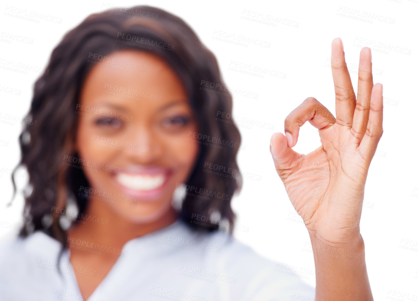 Buy stock photo Black woman, ok sign and smile in studio portrait for vote, decision or icon for review by white background. Girl, hand and emoji for yes, voice and feedback for opinion, happy or closeup for success