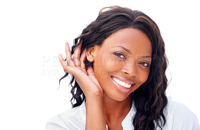 Buy stock photo Black woman, portrait and happy in studio for fashion, casual style or confidence on white background. African person, face and smile for cosmetics, natural beauty and treatment glow on mock up space