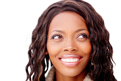 Buy stock photo African woman, thinking and studio headshot with smile, vision and ideas by white background. Girl, happy memory and nostalgia with choice, decision and remember with question, solution and beauty