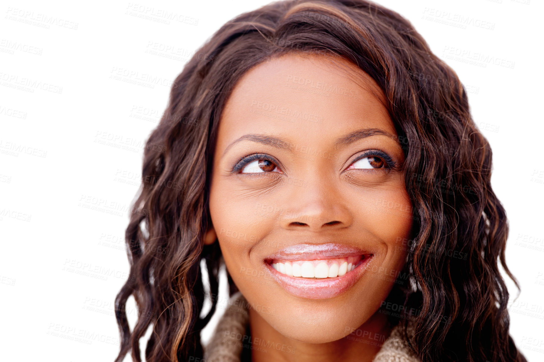 Buy stock photo African woman, thinking and studio headshot with smile, vision and ideas by white background. Girl, happy memory and nostalgia with choice, decision and remember with question, solution and beauty