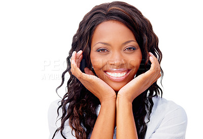 Buy stock photo Cropped view of a pretty african american woman smiling