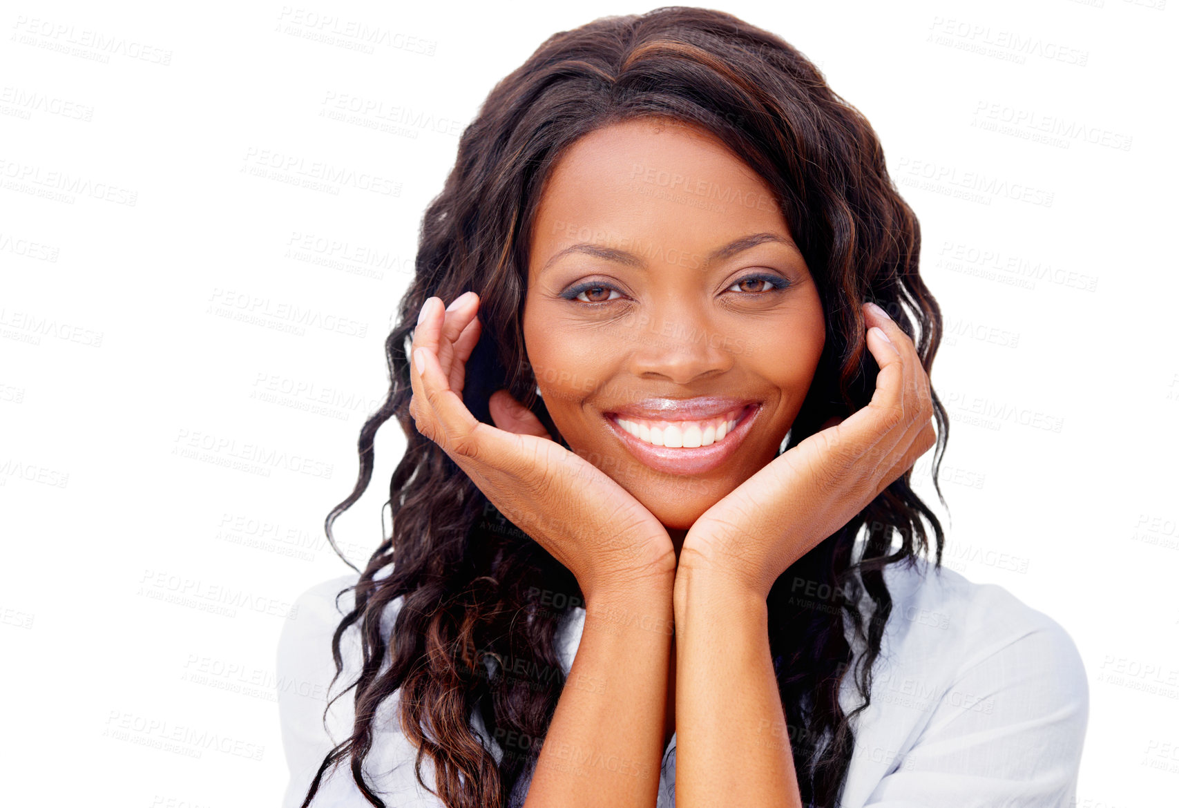 Buy stock photo Cropped view of a pretty african american woman smiling