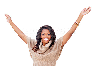 Buy stock photo Black woman, happy and arms stretching in studio portrait with success, celebration or goal by white background. African girl, smile and winner with cheers for fashion, achievement and hands in air