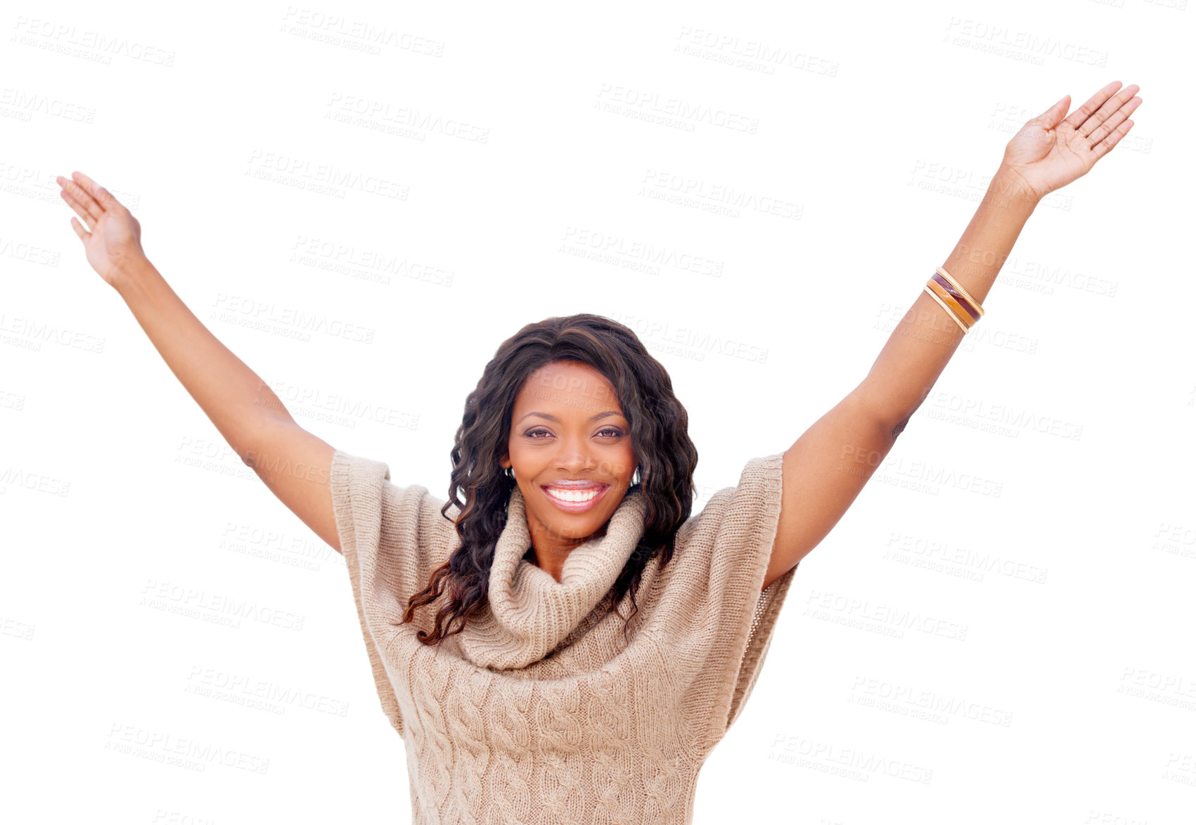 Buy stock photo Black woman, happy and arms stretching in studio portrait with success, celebration or goal by white background. African girl, smile and winner with cheers for fashion, achievement and hands in air