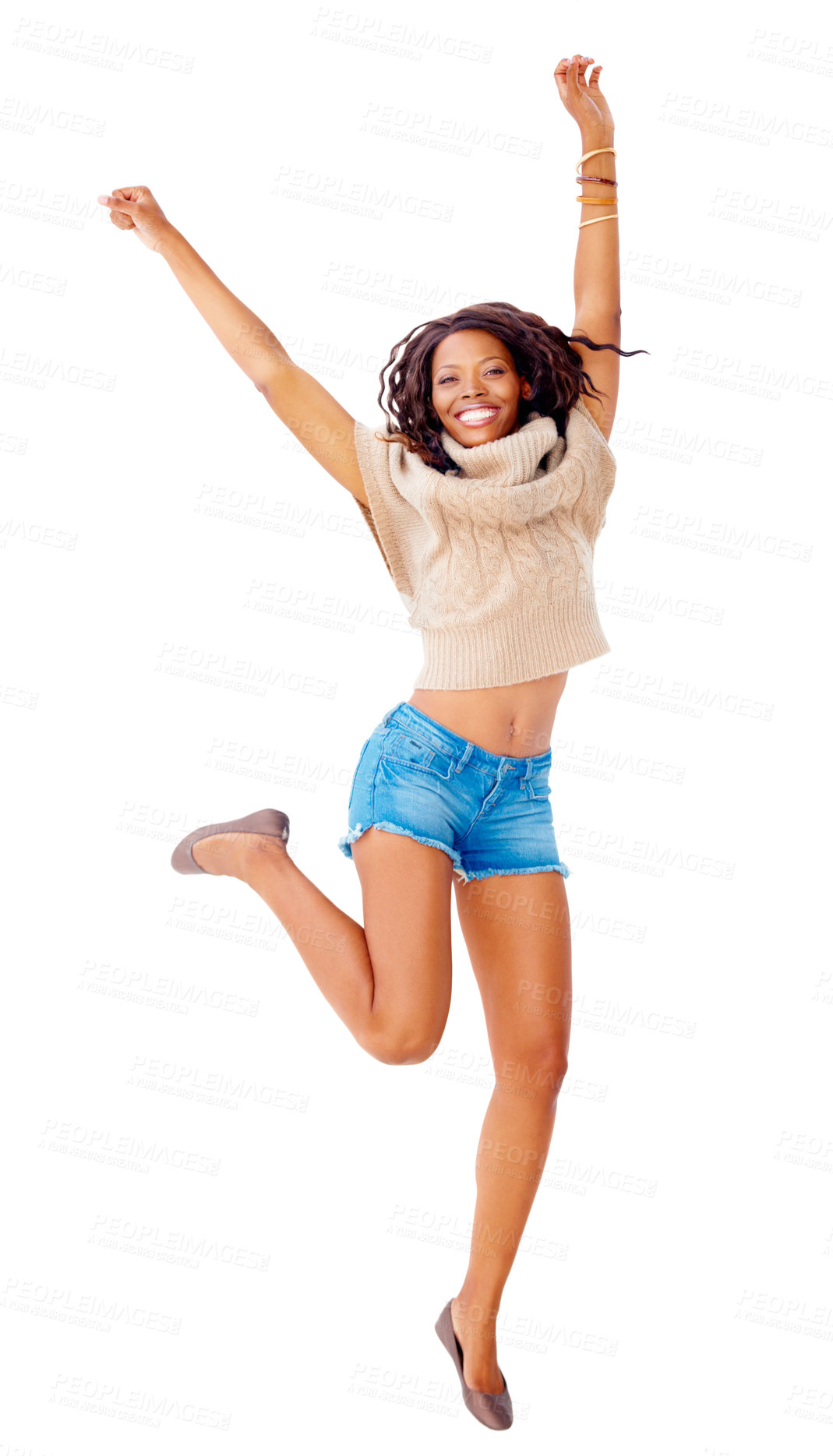 Buy stock photo Portrait, happy woman and jump in studio with promo mock up on white background in New York. Black person, smile and excited emoji with energy, movement or gesture for announcement, deal and info