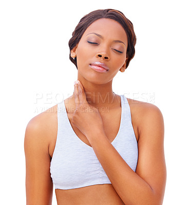 Buy stock photo Woman, neck and heart rate for pulse for health monitor, exercise pace on white studio background. Black person, hand or workout progress as wellness train or cardio athlete time, sports or counting