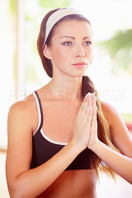 Buy stock photo Yoga, prayer hands and meditation of woman in gym for health, thinking and mindfulness. Namaste, meditate and female yogi or person in zen pose for chakra, peace and calm holistic training to relax.