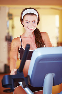 Buy stock photo Woman, treadmill and gym portrait with happiness, excited face and steps for fitness, wellness or health. Girl runner, running machine and happy for workout, exercise or training for self care goal