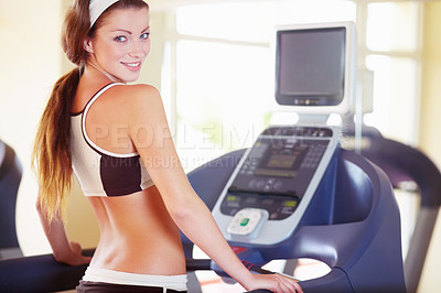 Buy stock photo Woman, exercise portrait and happy on treadmill for fitness, wellness and health in gym with excited face. Girl runner, running machine and happiness for body goal, workout or training for self care