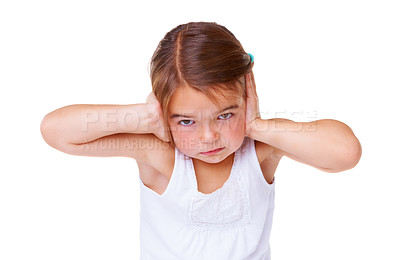 Buy stock photo Portrait, loud and covering ears with a girl child in studio isolated on a white background to stop noise. Face, stress or sound with an unhappy young kid using her hands to block hearing for silence