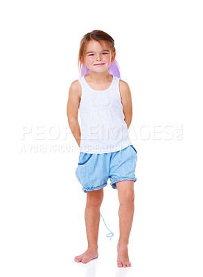 Buy stock photo Portrait, smile and an adorable girl child hiding a balloon in studio isolated on a white background. Children, playful or having fun with a full length cute young kid looking happy during a game